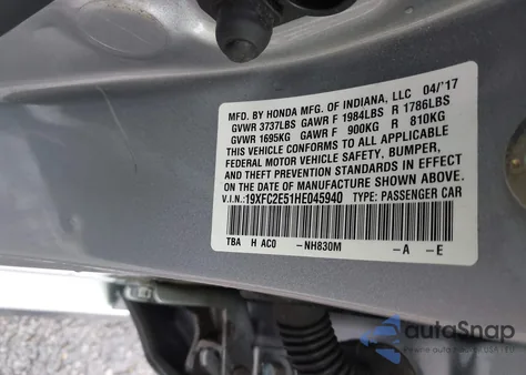 2017 Honda Civic Lx из США, поврежденный, VIN 19XFC2E51HE045940